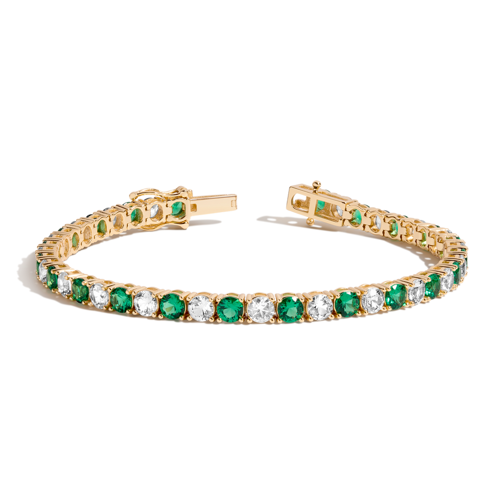 Lab Grown White Sapphire and Green Emerald Alternating Tennis Bracelet
