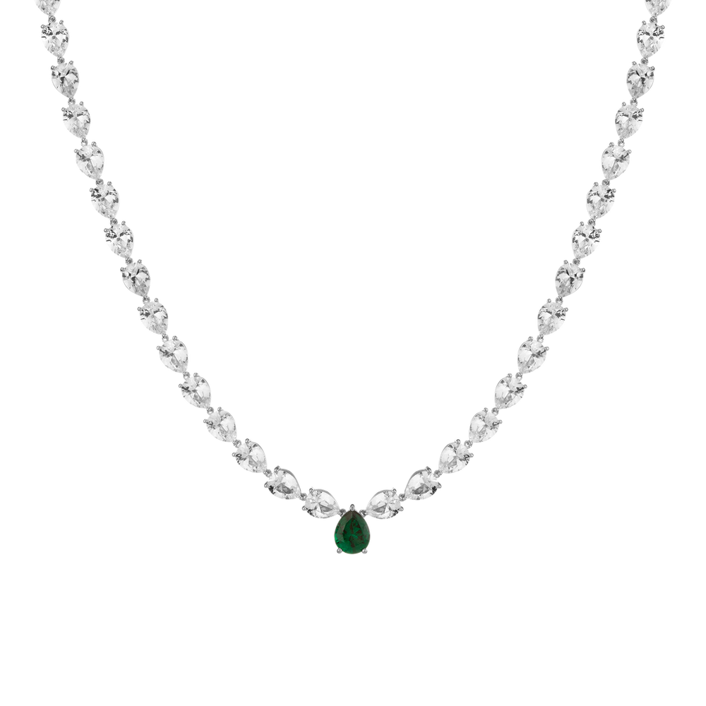 Lab Grown White Sapphire and Green Emerald Pear Tennis Necklace