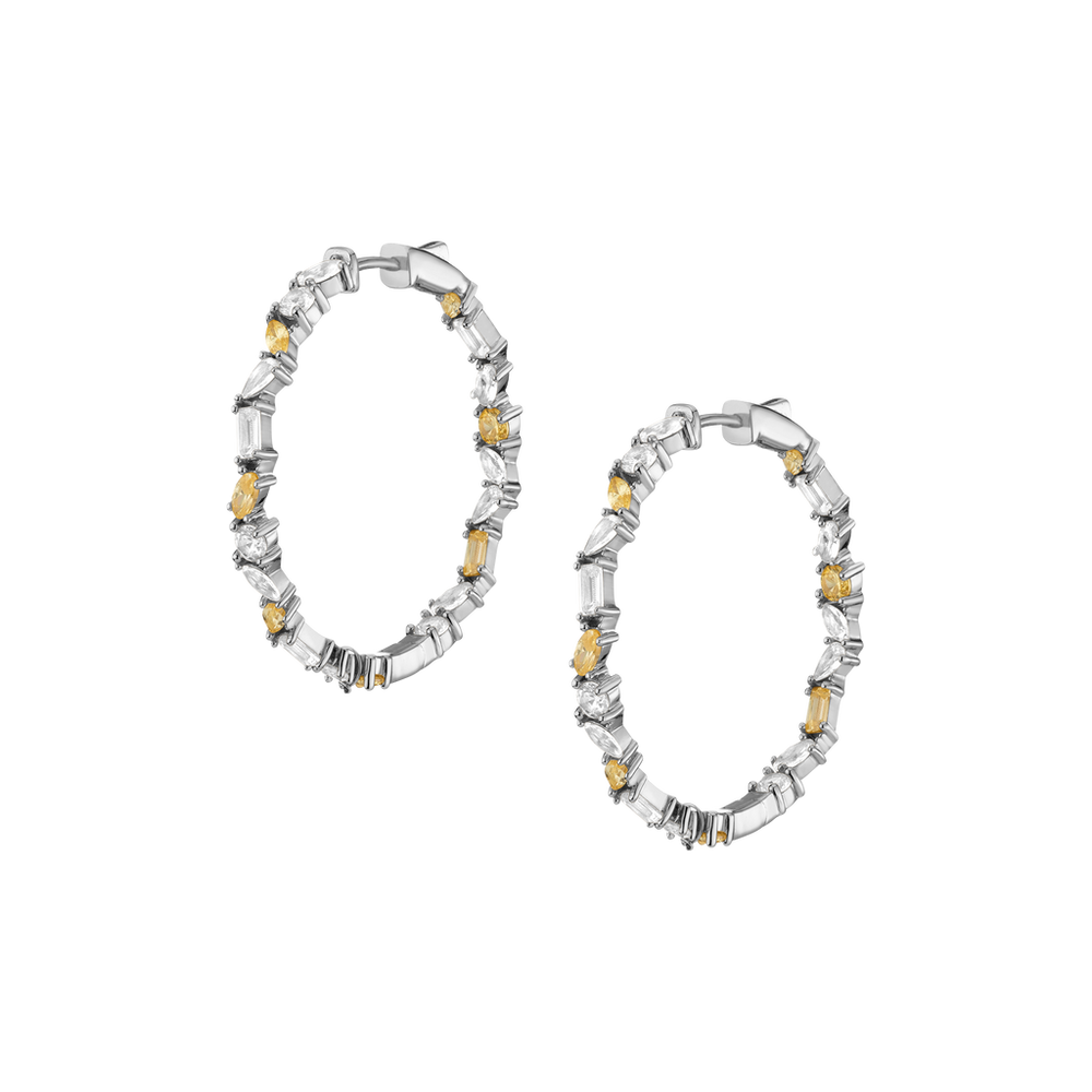 Lab Grown White Sapphire and Canary Mixed Shape Hoop Earrings