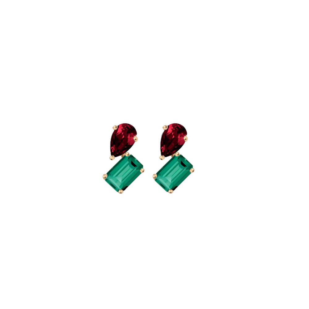 Toi et Moi Gemstone Mini Heirloom Earring - Green Emerald & Red Garnet